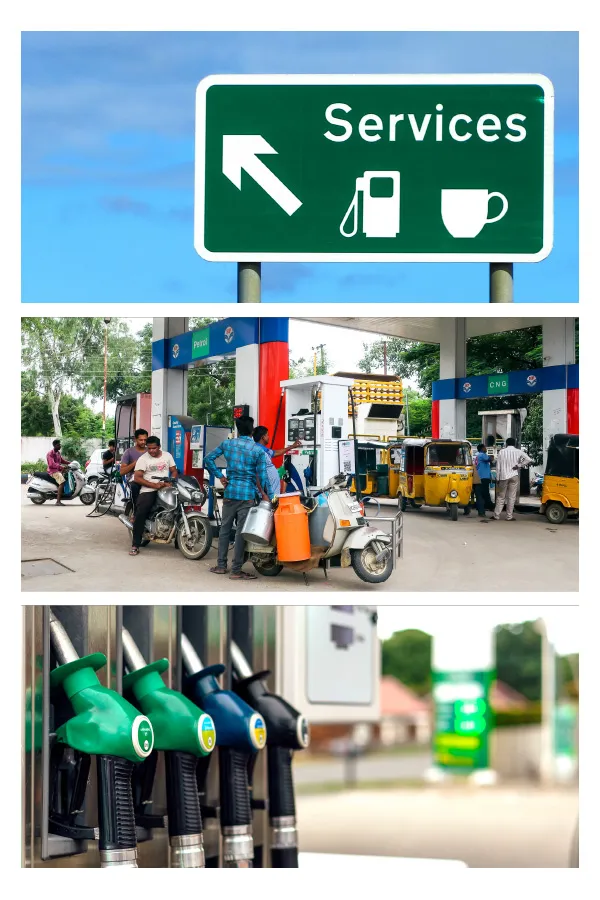 Gas station, gas pumps and Services sign