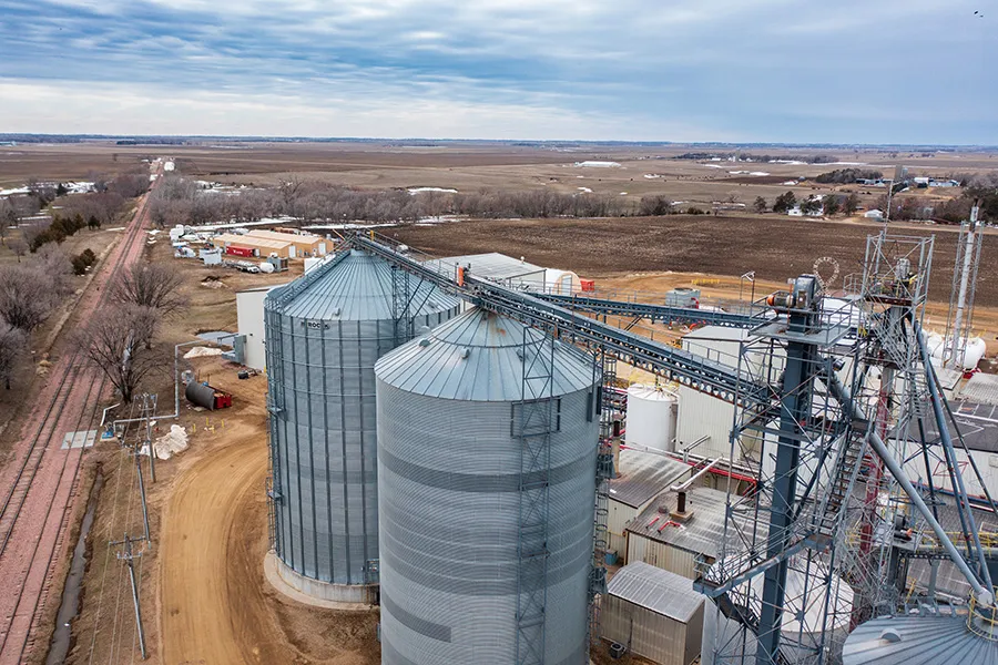 Aerial view of grain silos and conveyors