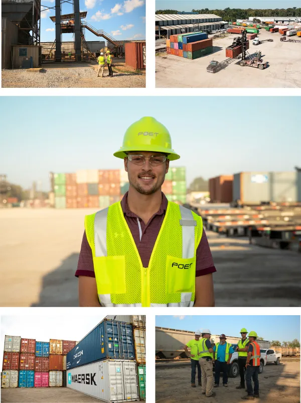Collage of POET Savannah terminal, team members, and operations scenes