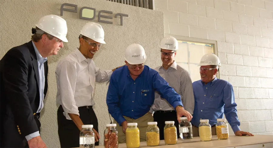 President Barack Obama during a tour of POET Biorefining – Macon in 2010. Pictured left to right - Secretary of Agriculture Tom Vilsack, President Barack Obama, Steve Burnett and Jeff Broin of POET, John Eggleston