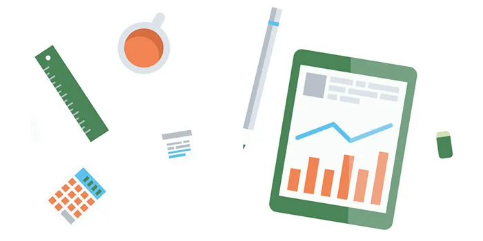 Illustration of a tablet, pen, ruler, cup, calculator and an eraser