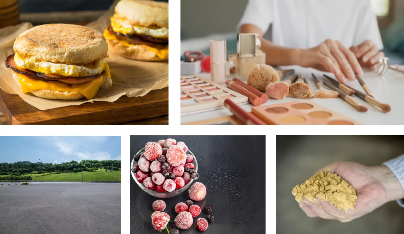 Diverse collage of food, cosmetics, and farming.