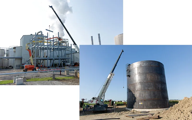 Industrial plant with tanks and smokestacks