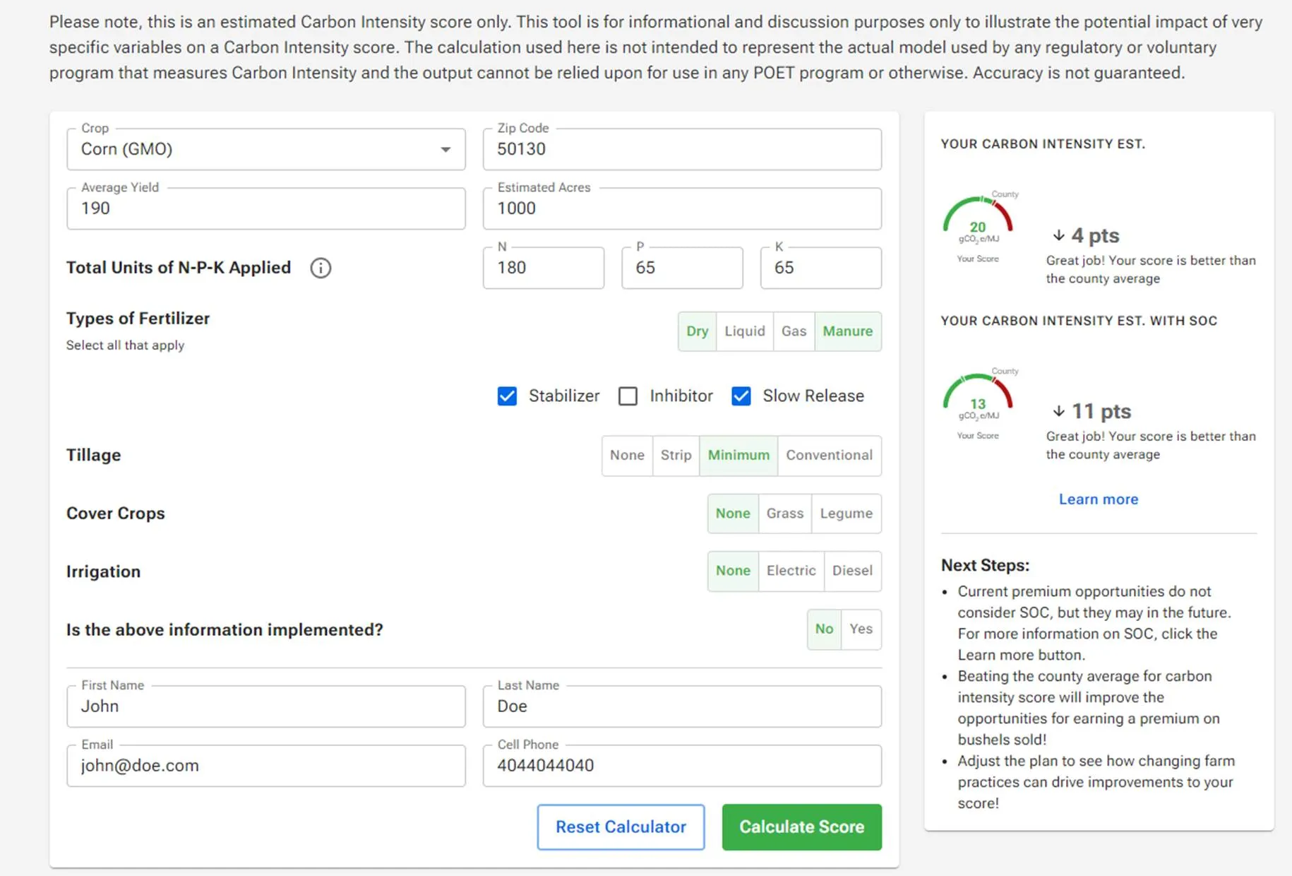 An estimated Carbon intensity score result