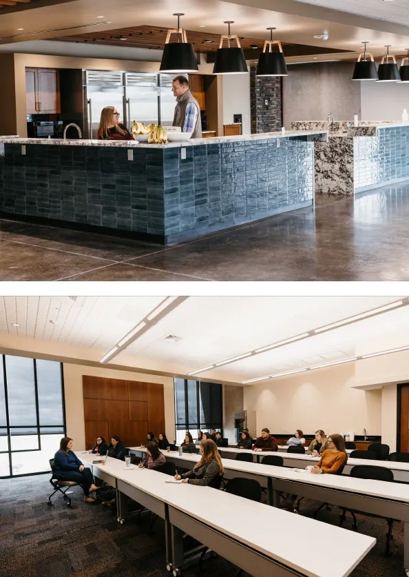 Top: Team members have a conversation in the break area; Bottom: Team members have a meeting in a conference room
