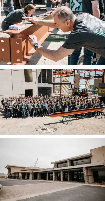 Top: POET team members sign their names on a beam; Middle: POET Wichita team; Bottom: POET's expanded office