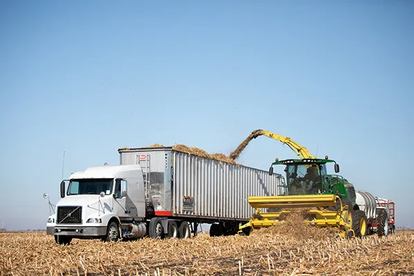 Green tractor with loader dumping into red trailer