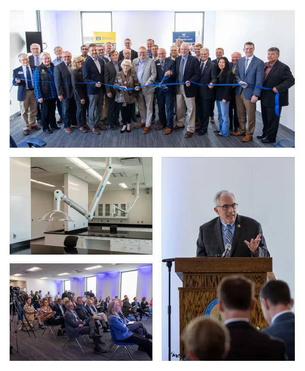 Top: Ribbon cutting at POET Bioproducts Center Grand Opening Center left: lab space at Center | Bottom Left: Crowd listens to speeches at grand opening Bottom Right: SDSU President Barry Dunn speaks to crowd