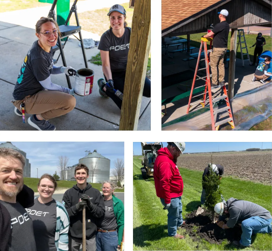 People in POET t-shirt work on outdoor project.