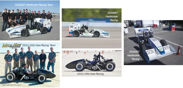 Collage shows university race cars and teams.