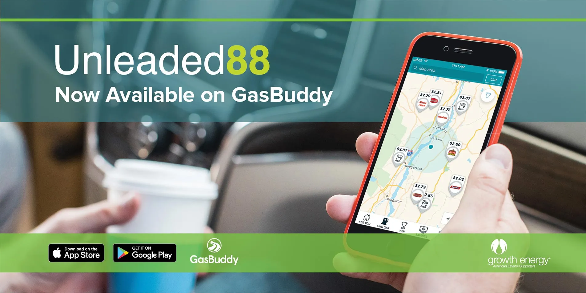Unleaded88 ad with GasBuddy map app in car