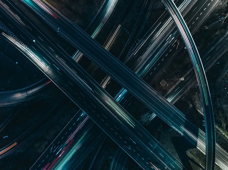 Aerial view of tangled elevated highways