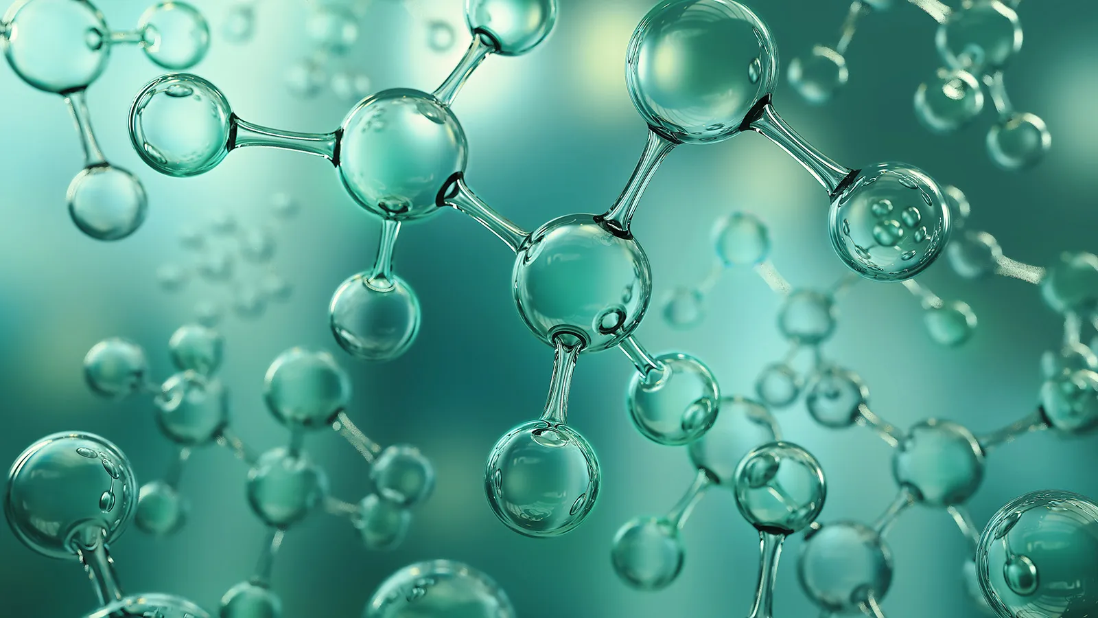 Close-up of teal molecular ball-and-stick model.