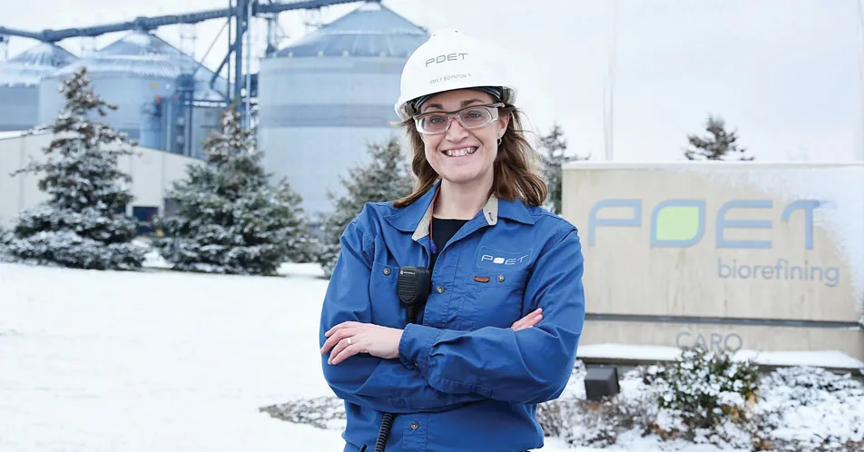 Emily in blue workwear at POET biorefining