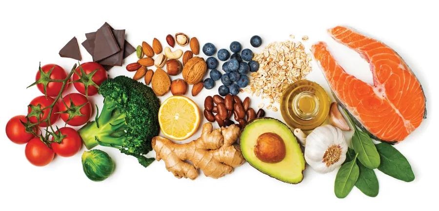 Assorted healthy foods including salmon