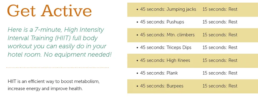 Get Active offers a 7-minute hotel HIIT workout.