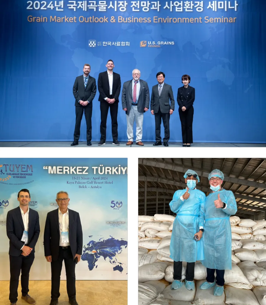 Group photo: five on stage at Grain Market Seminar
