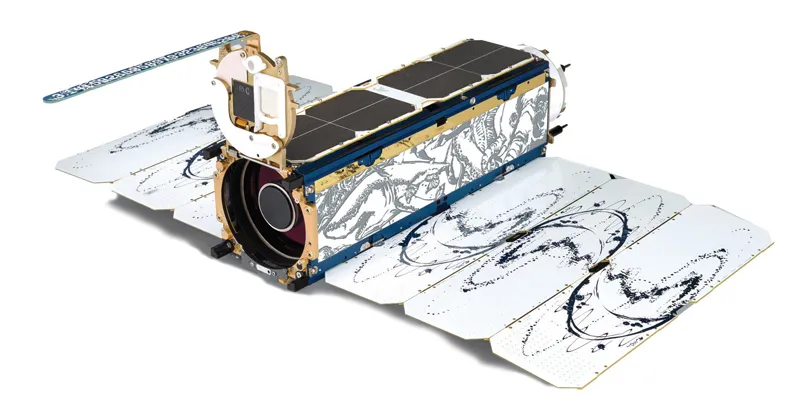A satellite with deployed solar arrays.