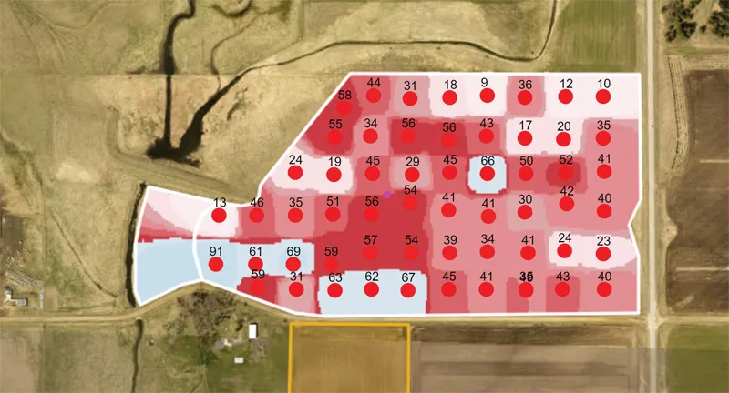 Field layout map with numbered plots and red dots.
