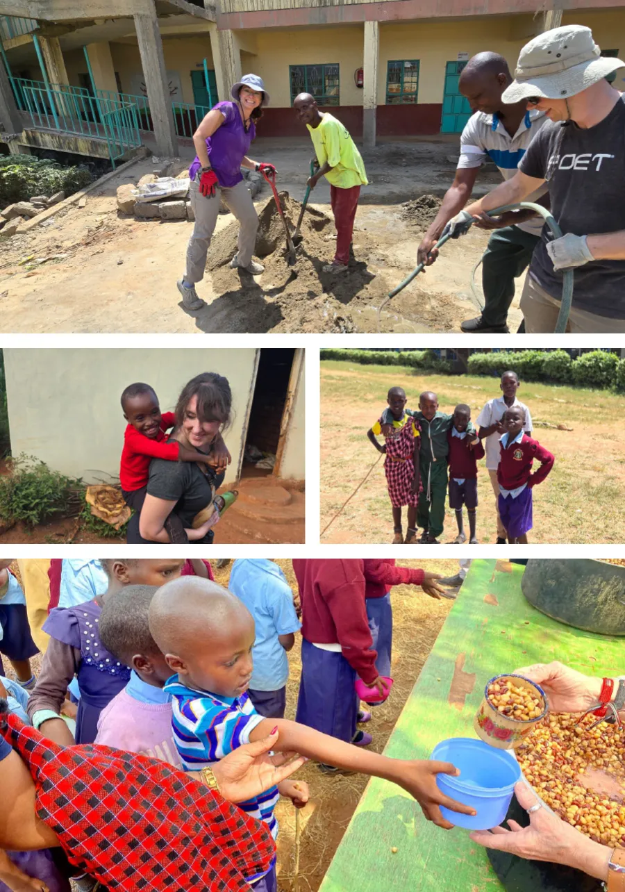 Volunteers digging and playing with kids outdoors.