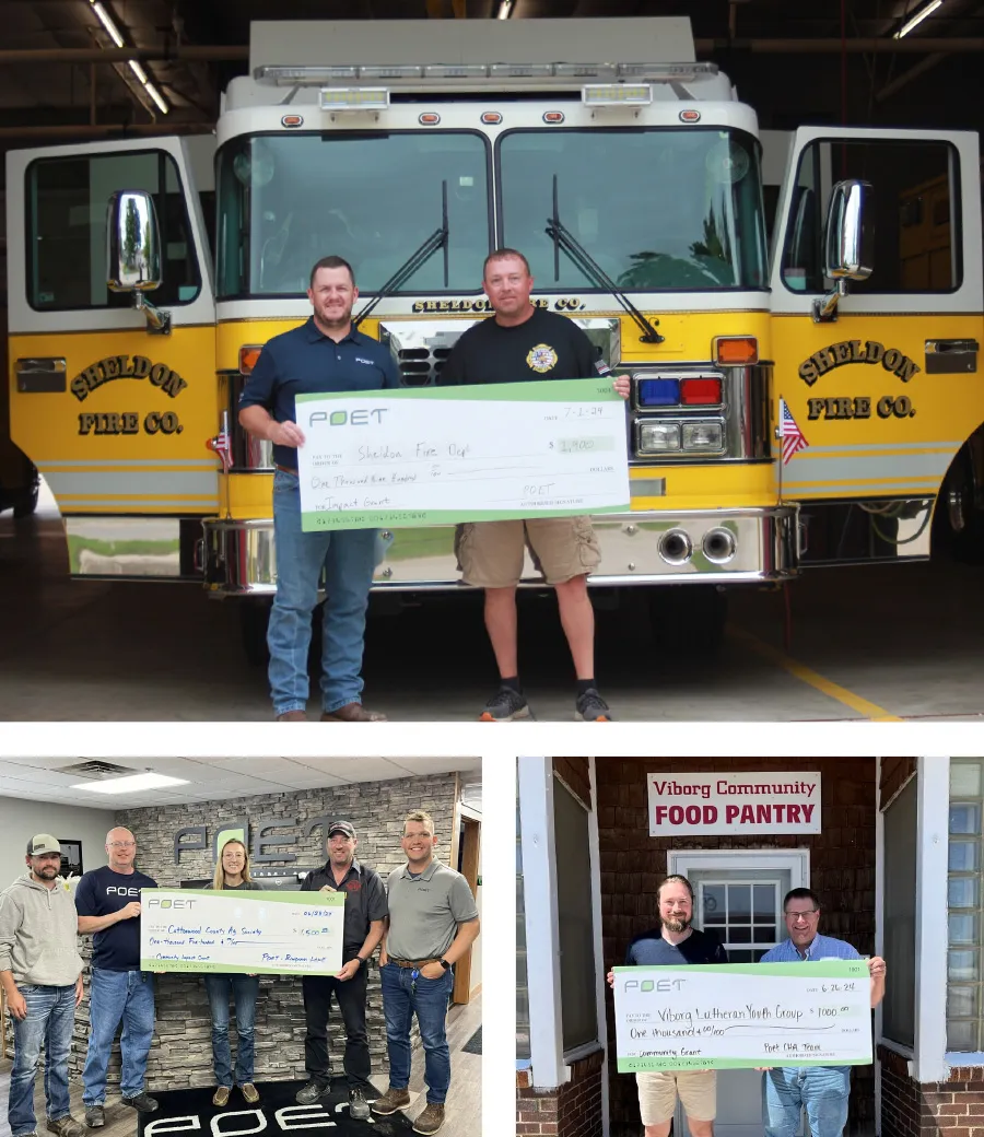 Different groups holding POET big cheques