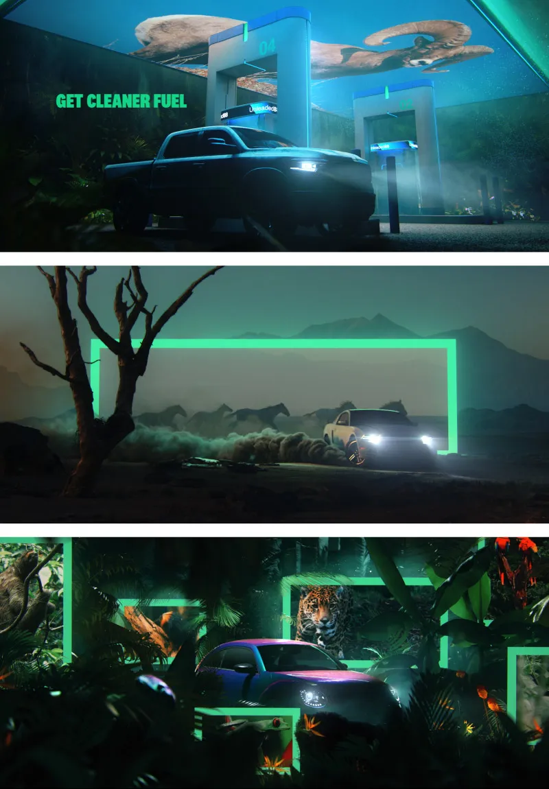 Neon-lit triptych: a dark pickup at a green gas station, a desert drift framed by neon, and a jungle-car scene, neon.