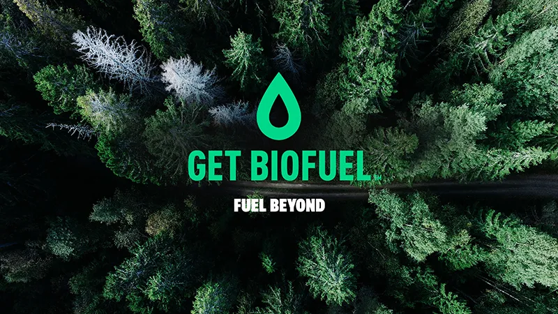 Get Biofuel logo over forest aerial view.