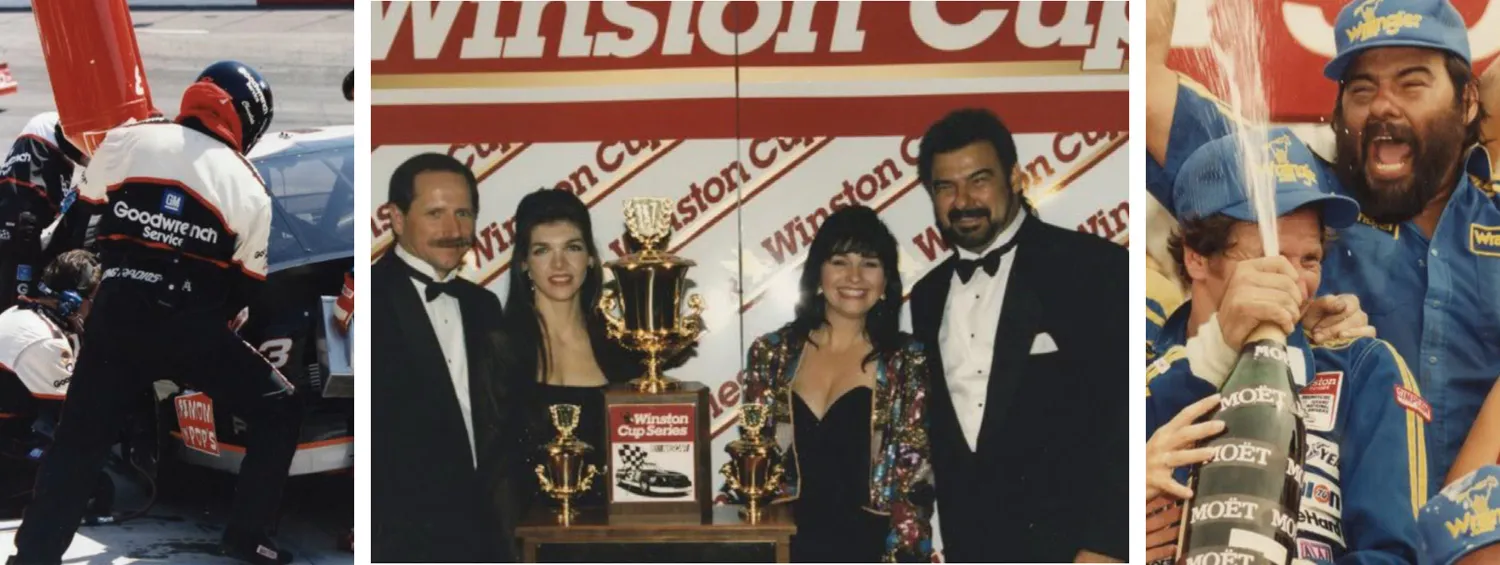 Left: The Flying Aces in action. Center: Dale and Teresa Earnhardt along with ‘Chocolate’ and Caron Myers. Right: Dale Earnhardt and Chocolate celebrate after winning the Southern 500.