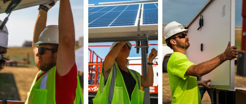 Three-panel solar installation with workers: left raises arms in neon vest, middle adjusts solar rack, right secures panel.