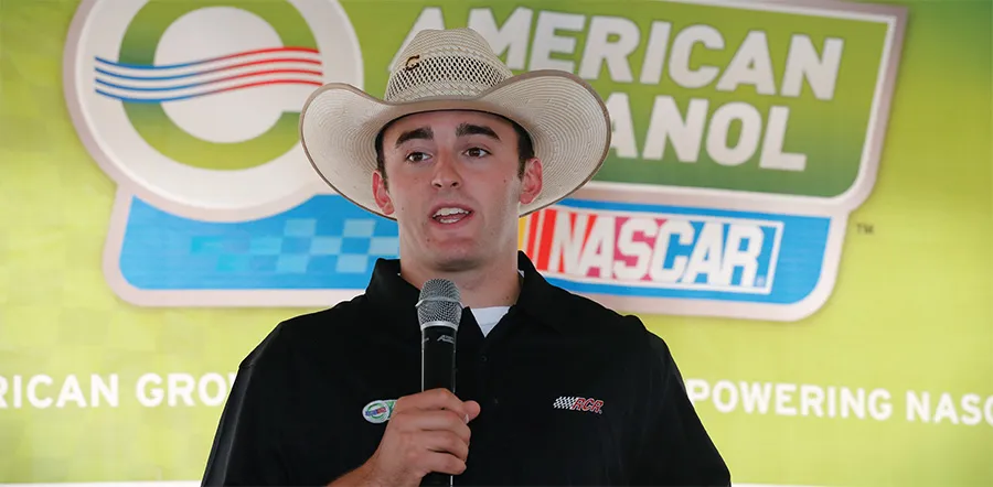 Austin Dillon, driver for the American Ethanol car having a speech 
