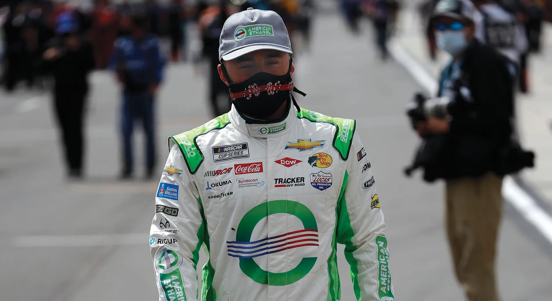 Austin Dillon sports a 'Thank You Farmers Mask' at the Pocono Organics 150 to Benefit Farm Aid on June 27