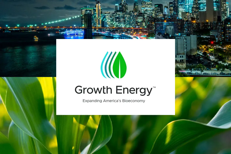 Growth Energy logo on a card over a cityscape.