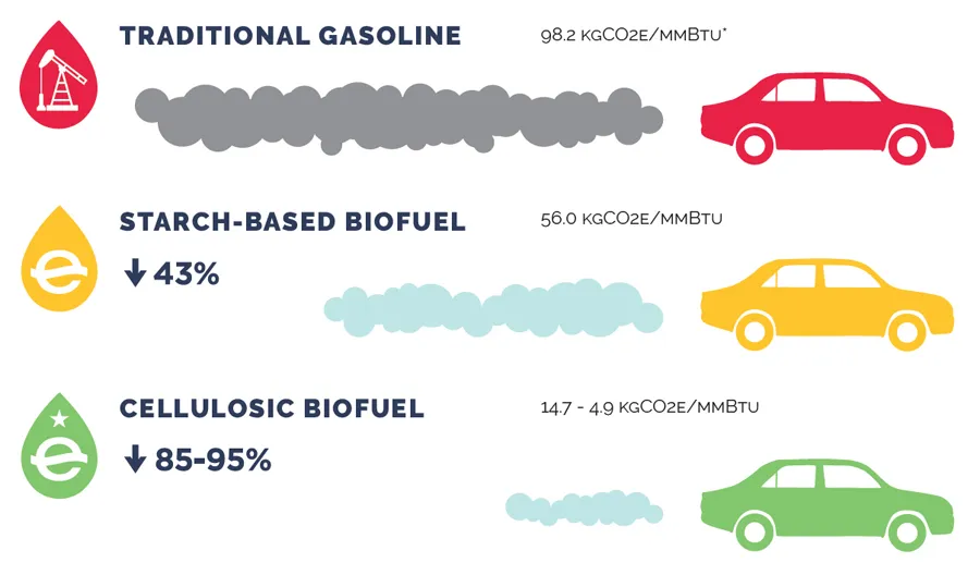 Gasoline and biofuels compared for CO2e.