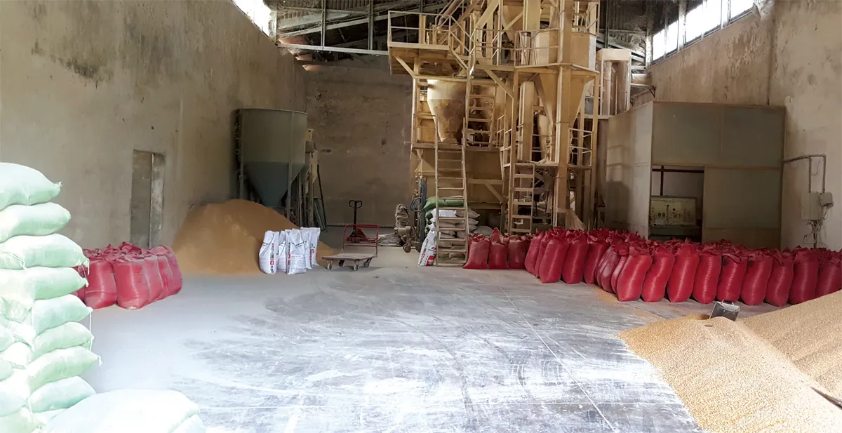 Grain milling plant with bagged grain.