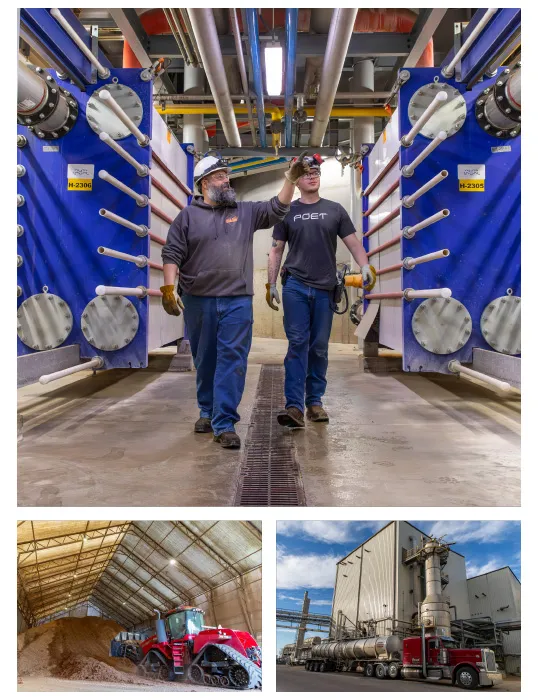 Top: Eilmes and Severson walk through the facility Bottom Left: Tractor moves distillers grains | Bottom Right: Truck leaving POET–Chancellor
