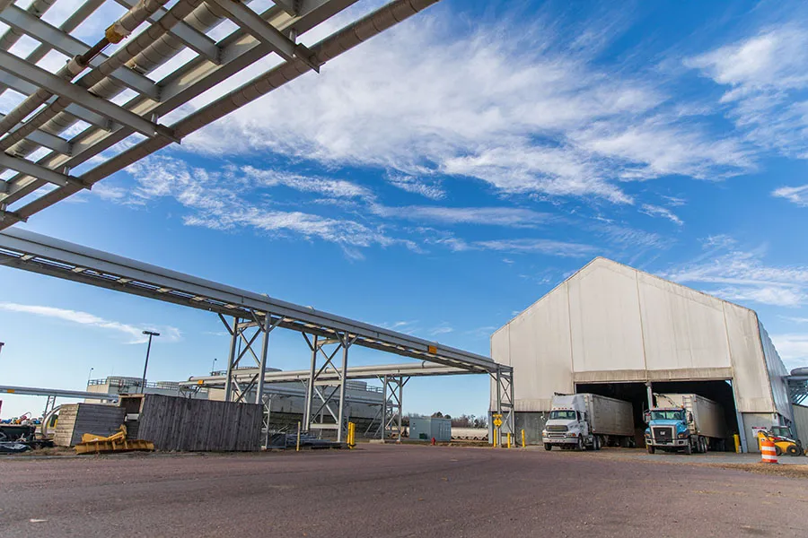 Trucks unloading grain at POET Bioprocessing -- Chancellor