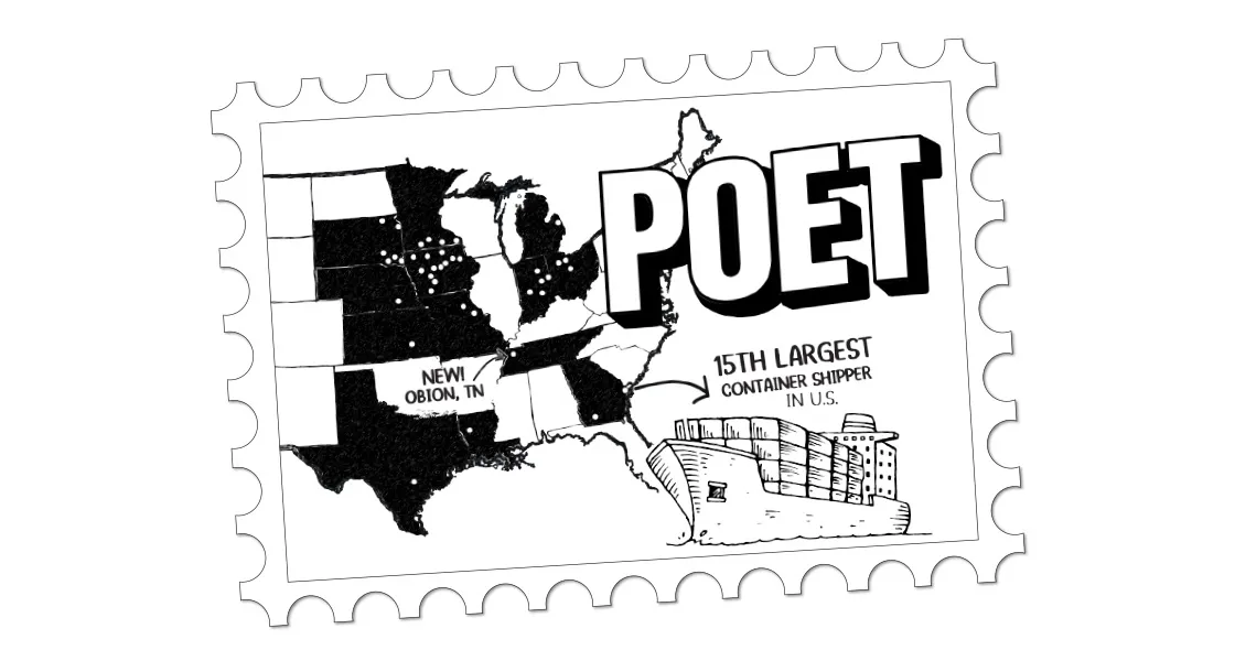 Stamp-style map of US with POET and cargo ship.