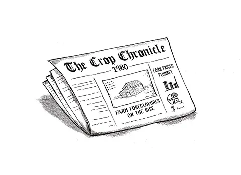 Illustration of newspaper front page: The Crop Chronicle 1980