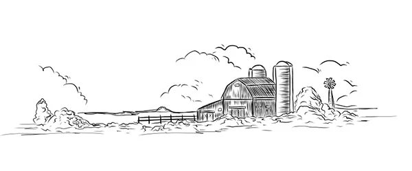 Illustration of farm with barn and silos along shoreline