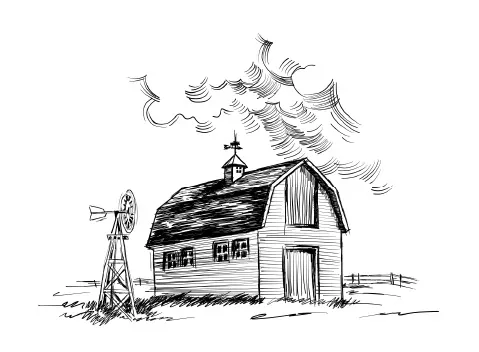 Illustration of barn with windmill on a farm, sketch