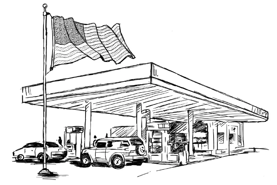 Illustration of a gas station with cars at the pumps and an American flag waving above.
