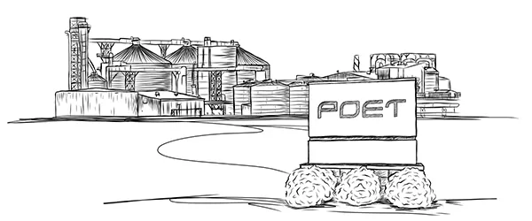 POET truck illustration with a factory backdrop.