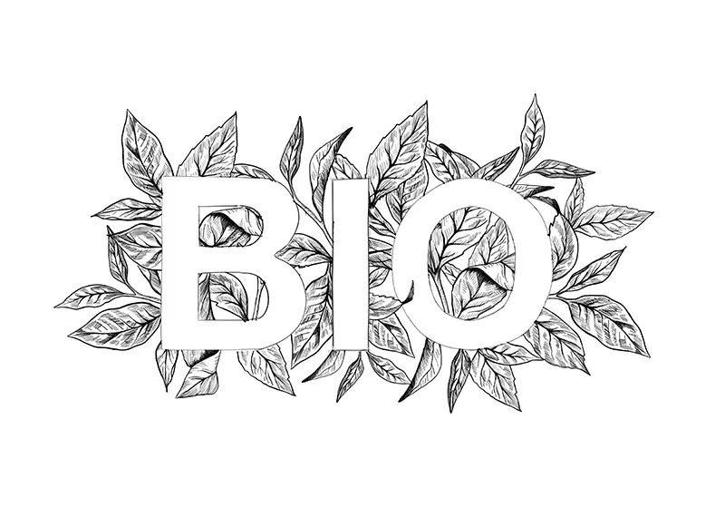 Bold Bio text with leaves forming background