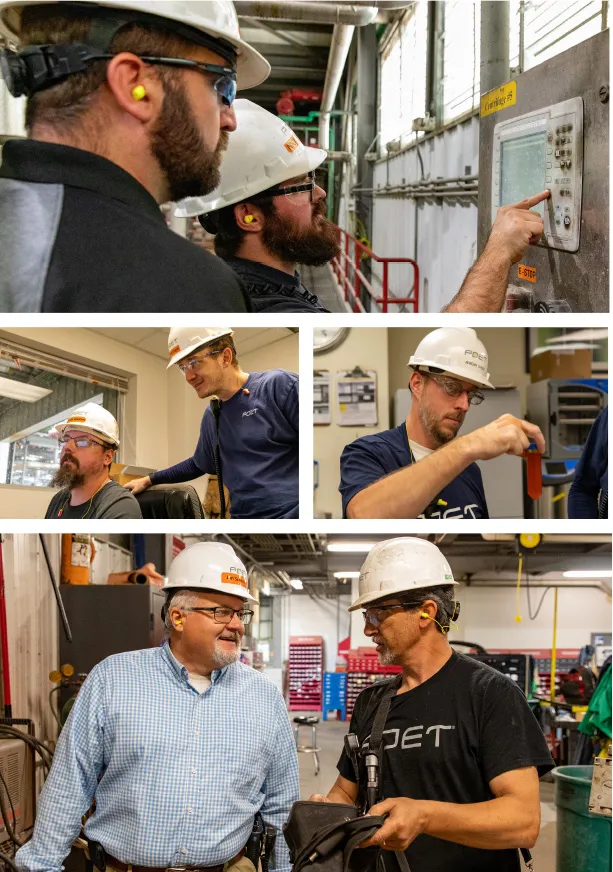 Top: Brandon Chaplin watches Nick Batista process data Middle left: Justin Gamm and Drew Engel observe plant operations Middle right: Jeremy Shier tests corn oil Bottom: Jim Schonert and Charles Lopez discuss plant technology