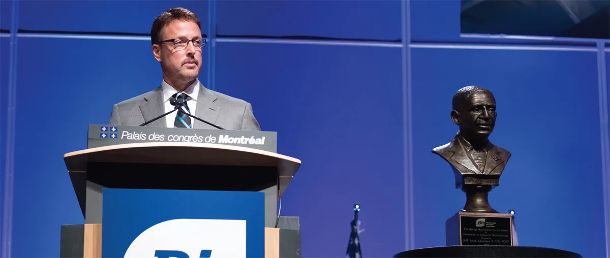 Jeff Broin addresses the audience at the BIO World Congress on Industrial Biotechnology in Montreal after receiving the 10th annual George Washington Carver Award from Biotechnology Innovation Organization