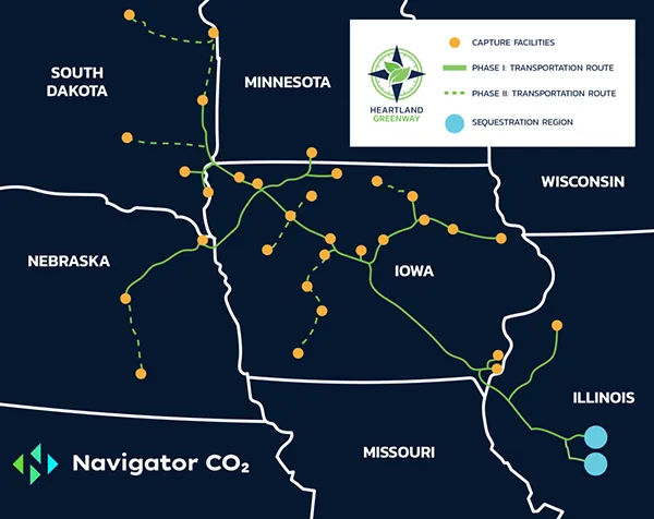 Navigator CO2 map of the Heartland Greenway route.