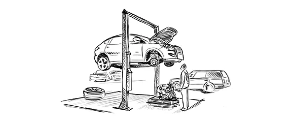 A car on a two-post lift with its hood open; a mechanic stands by the engine while another car sits nearby.