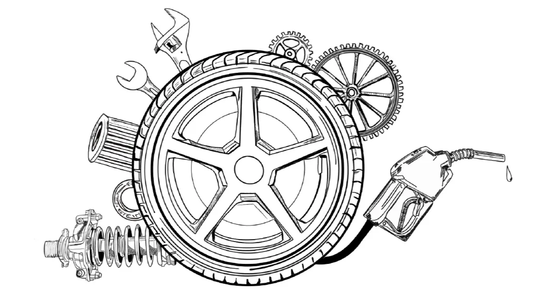 Car wheel with gears and tools.