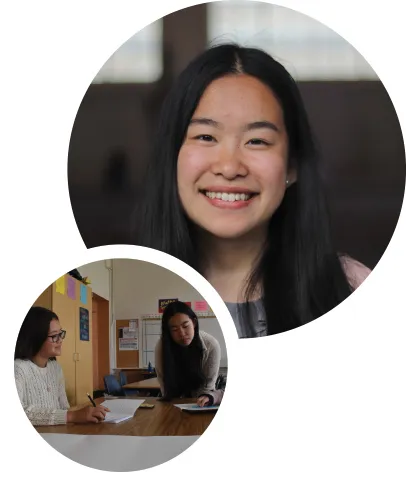 CRYSTAL CHAN headshot and in a classroom