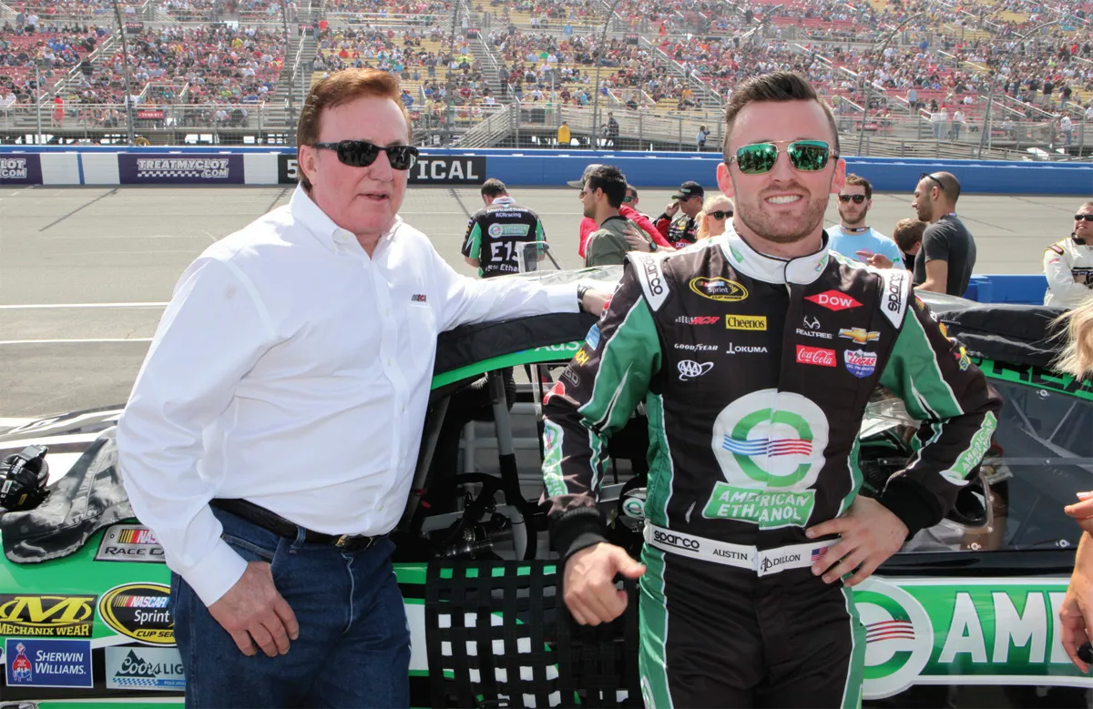 Richard with American Ethanol driver and grandson Austin Dillon on top of the pole at Fontana.